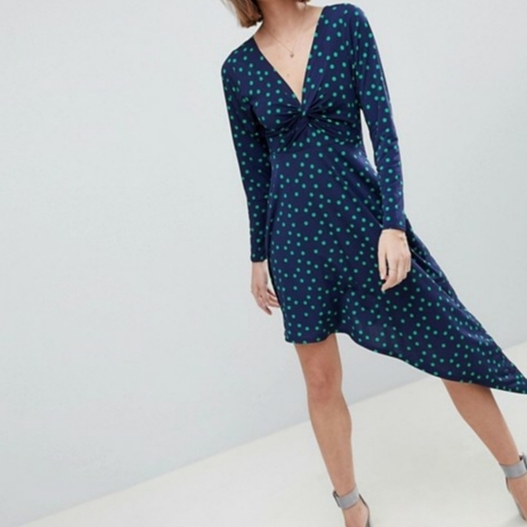 ASOS Polka Dot Knot Front Asymnetrical Midi Dress - Picture 1 of 9